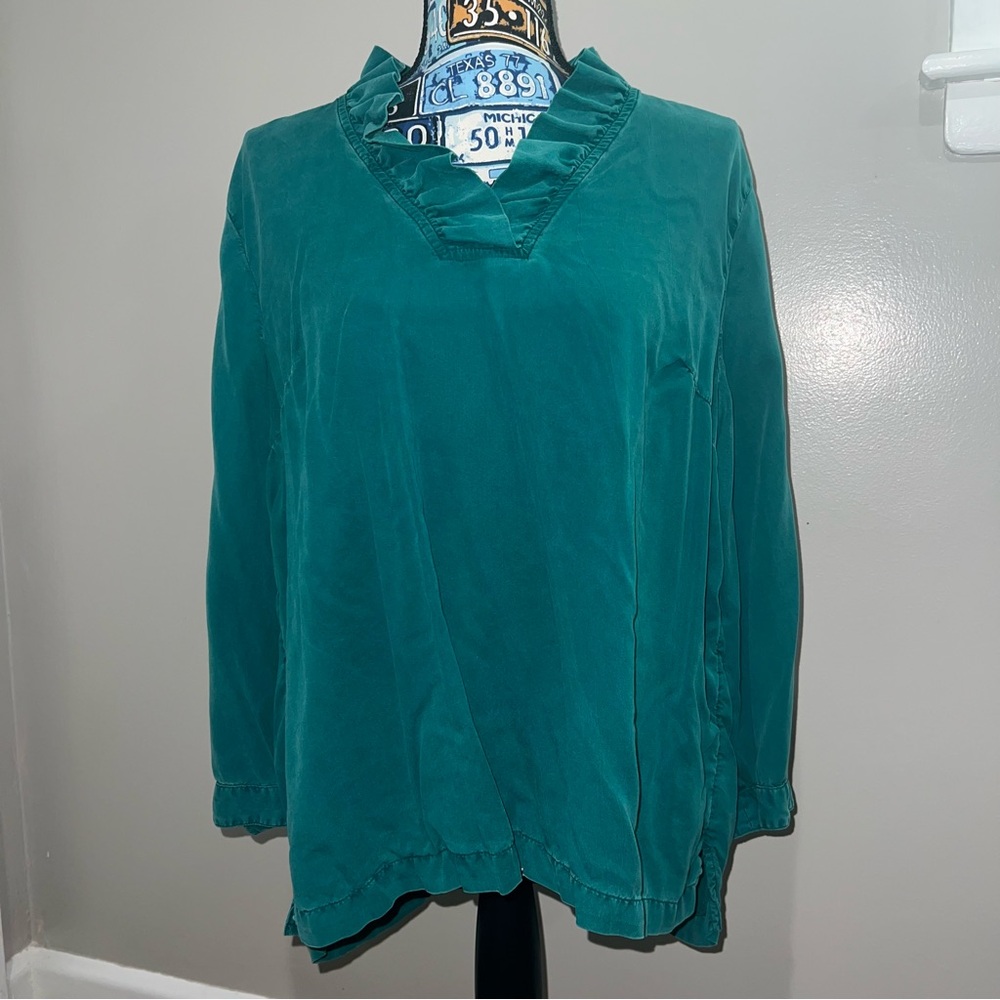 Crown & Ivy Emerald Ruffle V-Neck Blouse